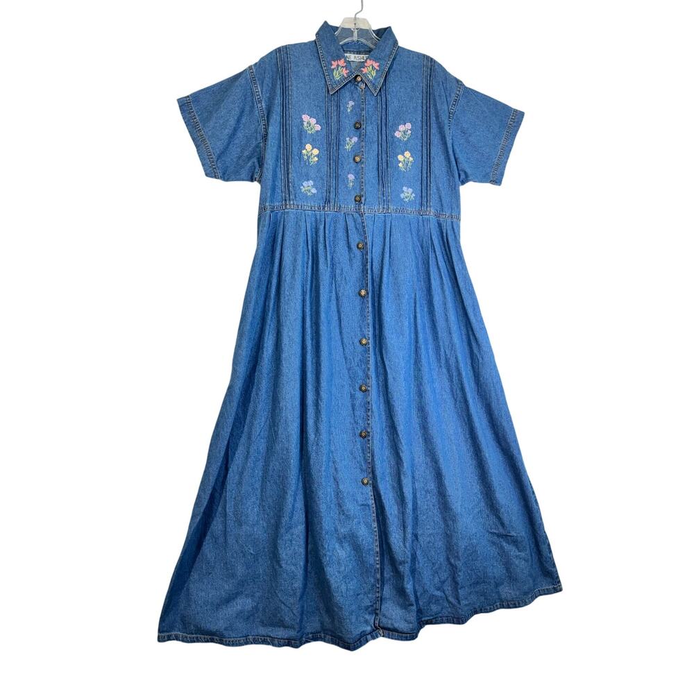 Jane Ashley Blue Denim Shirt Dress Floral Embroidery Large 90s VTG Cottagecore